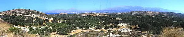 Weites Panorama über Olivenhaine und Hügel auf Kreta mit Blick zum Meer