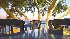Strandtaverne mit Tischen unter Pinien und Sonnenuntergang über dem Meer auf Kreta